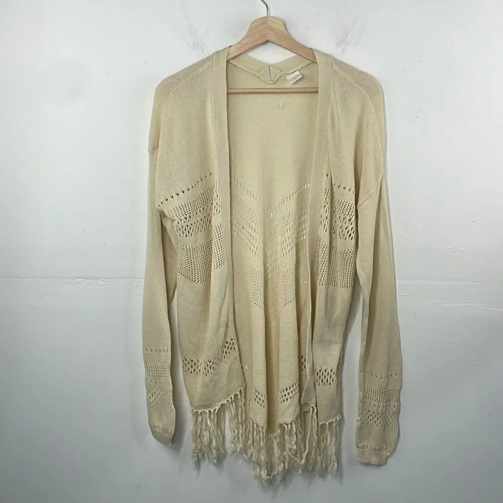 Wild Pearl Open Cardigan with fringe boho cotton crochet design Large cream